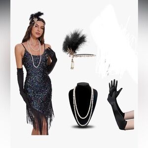 Roaring 20’s Flapper Dress with gloves, a pearl necklace and headpiece XXL